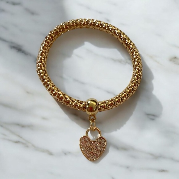 Designer Inspired Mesh Stretch Bracelet Set w/ Crystal Heart Charm Tri-Color Set - Picture 5 of 6